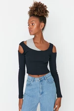 Trendyol Navy Blue Cut Out and Color Block Detail Fitted/Slip-On Knitted Blouse with Corduroy