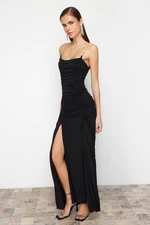 Trendyol Black Draped Knitted Long Evening Dress