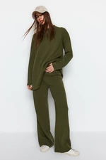 Trendyol Oil Green, Wide fit, Basic Trousers and Knitwear Top and bottom Set