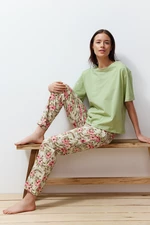 Trendyol Green 100% Cotton Floral Knitted Pajamas Set
