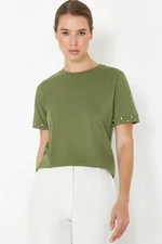 Trendyol Khaki 100% Cotton Stone Accessory Detailed Regular/Normal Pattern Knitted T-Shirt