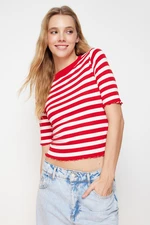 Trendyol Red Baby Overlock Detail Striped Fitted Stretch Knitted Blouse