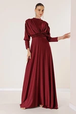 By Saygı Front Back Gathered Sleeves Button Detailed Lined Long Satin Dress