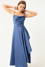 Lafaba Women's Indigo Ruffles and Slit Satin Midi Length Evening Dress &; Prom Dress.