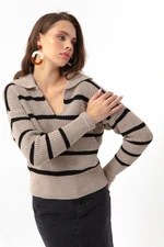 Lafaba Women's Mink Polo Neck Striped Knitwear Sweater