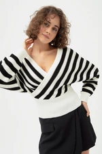 Lafaba Women's White Double Breasted Neck Striped Knitwear Sweater