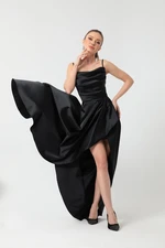 Lafaba Women's Black Evening Dress &; Prom Dress with Ruffles and a Slit in Satin