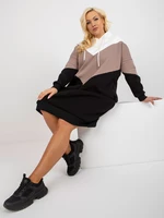 Ecru-black sweatshirt basic plus size dress with hood