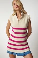 Happiness İstanbul Women's Cream Pink Zippered Collar Striped Sweater