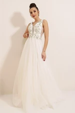 By Saygı Embroidered Stones And Beads Lined Long Tulle Dress Cream By Saygı Embroidered Stones And Beads Lined Long Tulle Dress Cream
