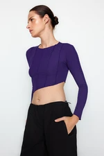 Trendyol Purple Stitching Detail Fitted Asymmetrical Crop, Corduroy Flexible Blouse