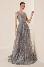 By Saygı Thick Straps Lined Glittery Flocked Printed Long Dress Gray