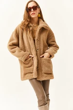 Olalook Women's Mink Buttoned Pocket Unlined Oversize Plush Jacket