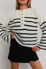 BİKELİFE Women's White Oversize Gold Buttoned Striped Thick Knitwear Sweater
