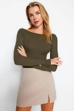 Trendyol Khaki Boat Collar Corduroy Flexible Regular Fit Long Sleeve Button Detailed Knitted Blouse