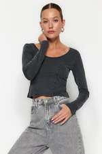 Trendyol Anthracite Crewneck Basic Knitted Blouse with a distressed/ faded effect Fitted/Sliding Body
