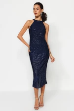 Trendyol Navy Blue Fitted Evening Dress with Knitting Lined and Shimmering Sequins