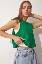 Happiness İstanbul Women's Dark Green Cotton Halterneck Crop T-Shirt