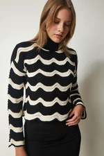 Happiness İstanbul Women's Black Patterned Crop Knitwear Sweater
