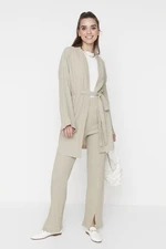 Trendyol Stone-Belted Kimono with Slit Detailed Legs and Trousers, Woven Set