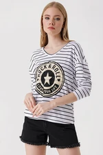 Bigdart 4301 Printed Striped Long Sleeve T-Shirt - White