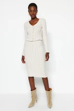 Trendyol Stone Button Detail V-Neck Crop and Midi 2-Pack Cardigan and Knitted Skirt Set