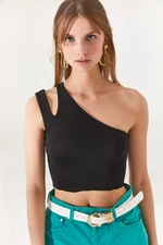 Olalook Women's Black One-Shoulder Corduroy Crop Knitwear Blouse