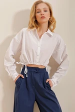 Trend Alaçatı Stili Women's White Poplin Crop Shirt with Tie Waist