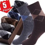 5Pair/Lot Men's Wool Socks Diamond Stripe Casual Comfortable Calcetines Hombre Thick Winter Keep Warm Male High Quality 38-45