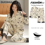 DUOJIHUI Sexy Lace Fashion Printing Female Pajamas Set Autumn with Chest Pad Top Loose Casual Pant Spell Color Pajamas for Women