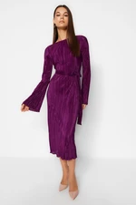 Trendyol Purple Premium Pleat Fabric A-Line Midi Knitted Dress with Flare Sleeves Detail