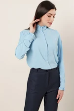 By Saygı Frilly Imported Micro Crepe Shirt With Frills Around The Collar And Sleeves. Baby Blue.
