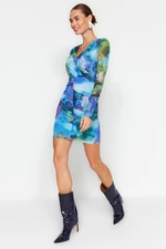 Trendyol Blue Printed Draped V-Neck Fitted Tulle Mini Knitted Dress
