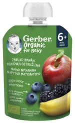 GERBER Organic vrecko jablko, banán, čučoriedka a černica 100% BIO 6m+ 90 g GERBER Organic vrecko jablko, banán, čučoriedka a černica 100% BIO 6m+ 90 g