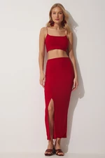 Happiness İstanbul Women's Red Rope Straps Crop Skirt Sandy Knitted Suit
