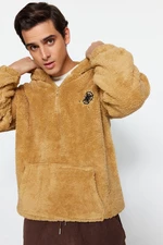 Trendyol Beige Men's Oversize Half-Zip Hooded Minimal Logo Embroidered Warm Plush Sweatshirt.