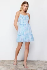 Trendyol Blue Patterned Waist Opening V-neck Mini Lined Chiffon Woven Dress