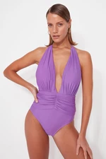 Trendyol Purple Plisowany Kostium Kąpielowy Z Regularnymi Nogawkami Z Głębokim Dekoltem