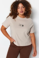 Trendyol Curve Beige Crew Neck Printed Knitted T-Shirt