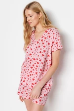Trendyol Pink 100% Cotton Heart Patterned T-shirt-Shorts Knitted Pajamas Set