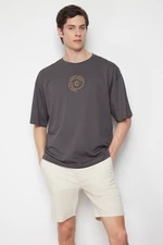 Trendyol Anthracite Oversize/Wide Cut 100% Cotton T-shirt with Text Embroidery