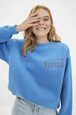 Trendyol Blue Crew Neck Basic Fit Printed Thick Fleece Inside Knitted Sweatshirt