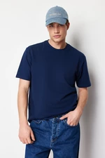 Trendyol Navy Blue Relaxed/Comfortable Cut 100% Cotton Knitwear Textured T-Shirt