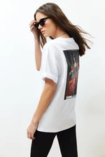 Trendyol White 100% Cotton Oversize/Wide-Fit Back and Front Printed Knitted T-Shirt