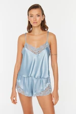 Trendyol Blue Lace Detailed Satin Undershirt-Shorts Woven Pajamas Set