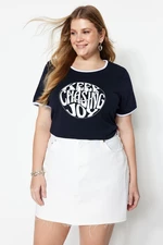 Trendyol Curve Navy Blue Printed Crop Knitted T-shirt
