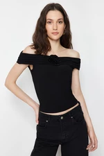 Trendyol Black Carmen Collar Rose Detailed Crop Stretchy Knitted Blouse