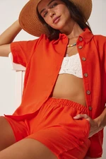 Happiness İstanbul Women's Orange Linen Surface Shorts and Shirt Set
