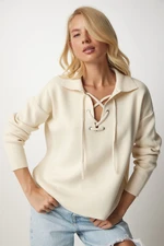 Happiness İstanbul Women's Cream Collar Lace-Up Knitwear Sweater