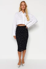 Trendyol Black Flock Printed Tulle Lined Pencil Midi High Waist Flexible Knitted Skirt